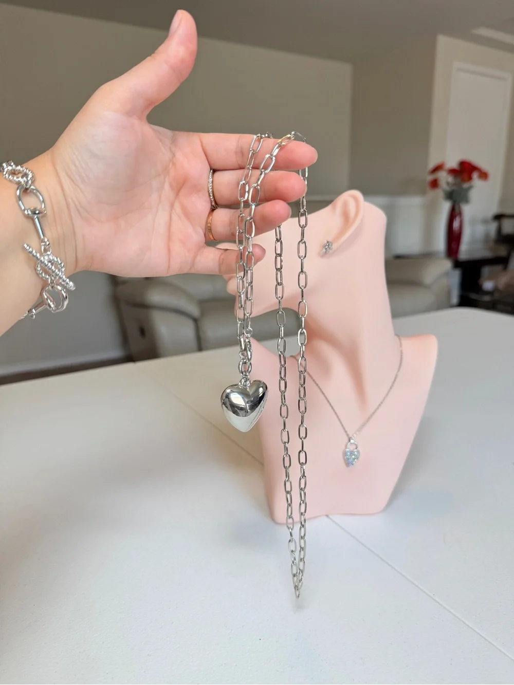 Silver Heart Pendant Long Chain Necklace